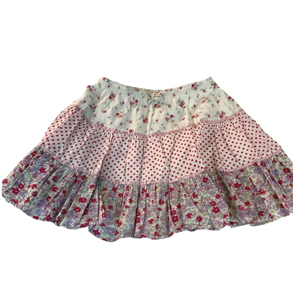 Mini Boden Skirt 3-4Y White Floral Polka Dot Tiered Elastic Waist Peasant Skirt